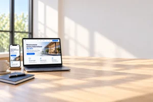 Strona internetowa na laptopie i telefonie w jasnym biurze